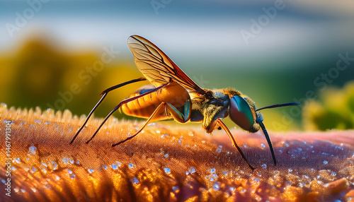 Stunning Close up of a Vibrant Insect on Dew Covered Flower Petal at Sunrise
