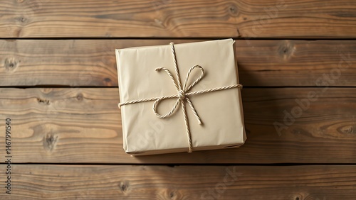 A meticulously wrapped gift with brown paper and tied with rustic twine sits on a weathered wooden surface, evoking a sense of anticipation and homespun charm, ideal for conveying sentiments of