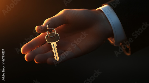 A 3D-rendered male hand is holding a set of car keys, visually emphasizing vehicle ownership or transfer