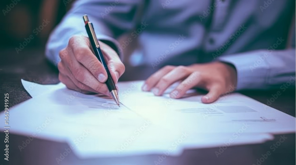 A businessman signs a formal agreement, representing legal validation by attorneys or corporate executives in matters of law, rights, or insurance