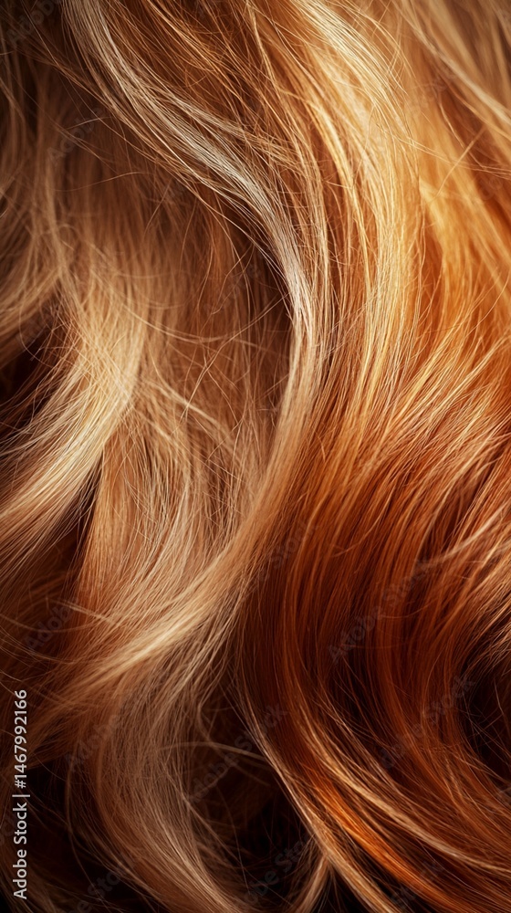 Naklejka premium Luxurious waves of golden, auburn, and honey-colored hair cascade smoothly, showcasing vibrant textures. This close-up image captures the beauty and shine of healthy hair and its captivating movement.