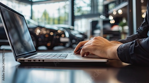 Car Dealers Laptop Modern Tech in a Showroom with Automotive Industry.