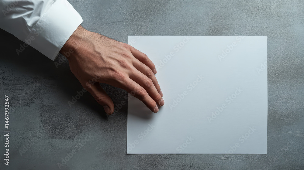 A close-up of a man's hand with a white shirt sleeve, poised to write on a blank sheet of paper on a gray desktop, with ample copy space