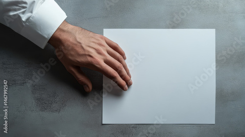 Obraz na płótnie A close-up of a man's hand with a white shirt sleeve, poised to write on a blank sheet of paper on a gray desktop, with ample copy space w salonie