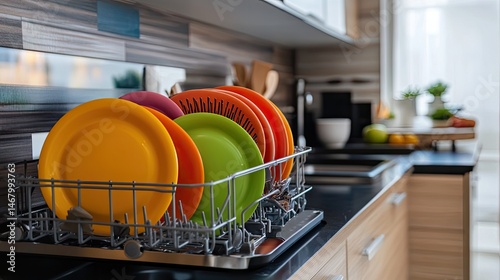 Colorful dishes in drying rack on kitchen counter Clean kitchenware.
