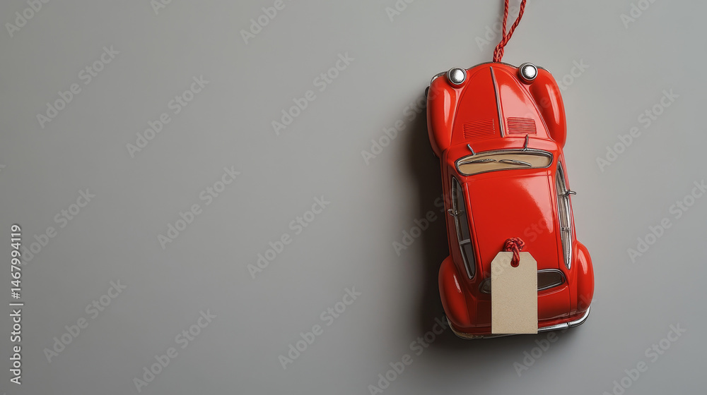 A top-down view of a toy car with a price tag placed on a neutral gray background