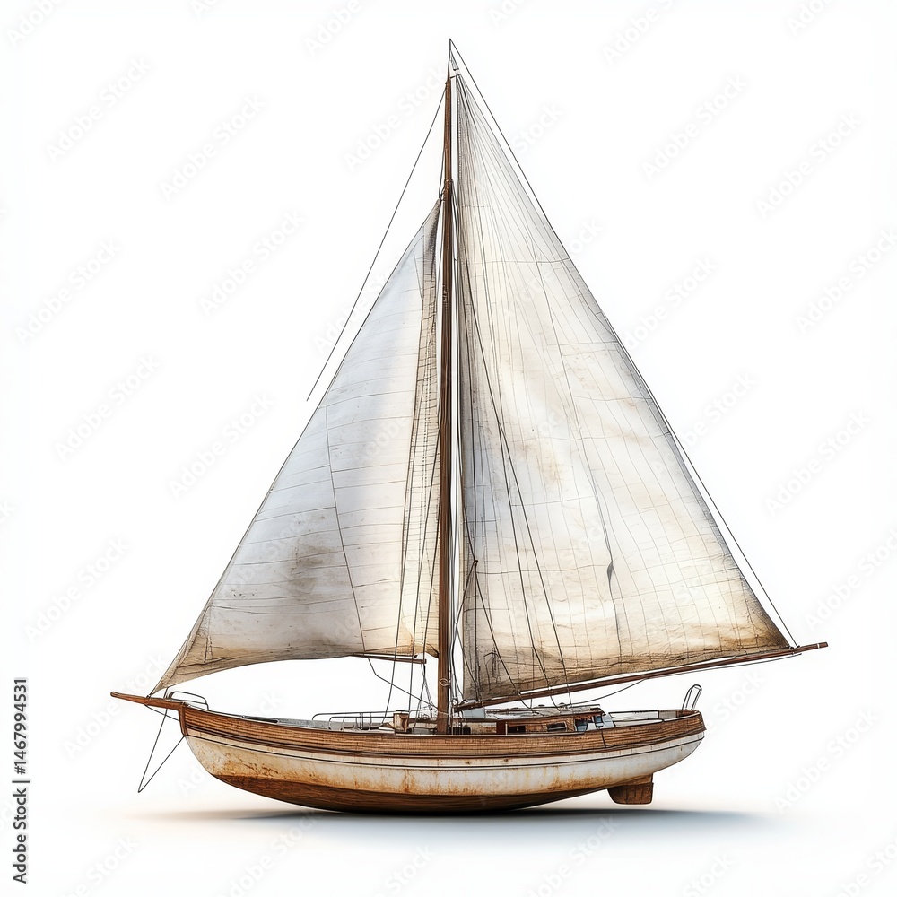 Obraz premium Classic Sailboat on White Background - A weathered wooden sailboat, symbolising adventure, freedom, exploration, serenity, and nautical heritage