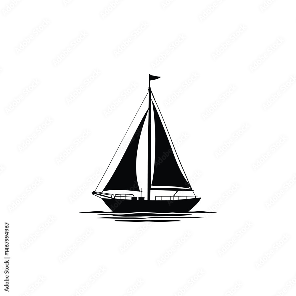 Fototapeta premium Sailboat vector illustration black and white silhouette graphic sailing vessel boat nautical transport sea ocean graphic