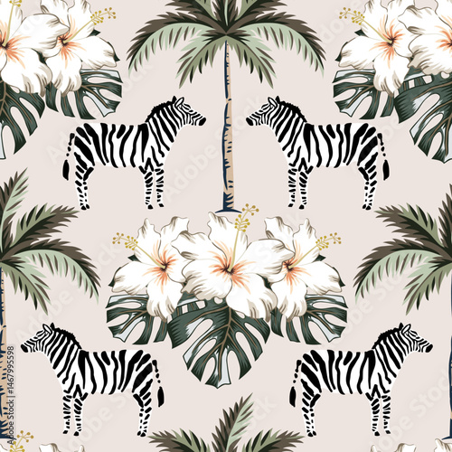 Tropical zebra, palm trees, hibiscus flowers, monstera leaves, beige background. Seamless pattern. Vector illustration. Exotic plants, animals. Summer beach design. Paradise nature