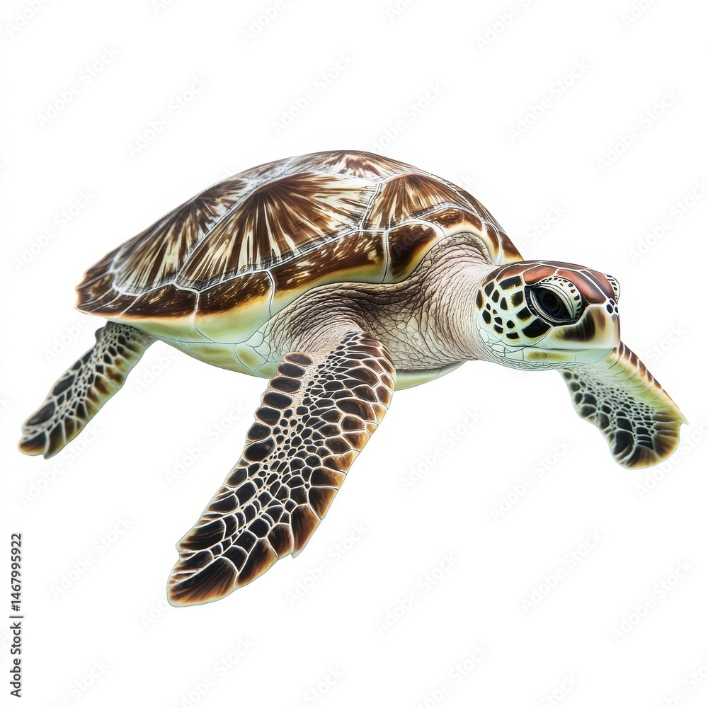 Obraz premium Green Sea Turtle Swimming - A vibrant green sea turtle gracefully swims, showcasing its intricate shell pattern and elegant flippers against a stark white background