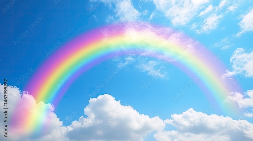 Rainbows gentle arc against a serene blue sky with fluffy clouds below.