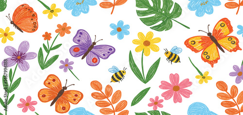 Flower butterfly background. Spring kid crayon drawing. Cute child hand drawn vector art. Chalk or pencil sunny summer bg. Cartoon doodle pastel painting.