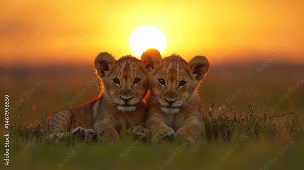 Obraz premium Lion Cubs Resting in Grass at Sunset Wildlife Animal Portrait