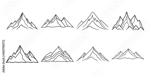 Linear mountain ranges and continuous outline peaks, travel landscape vector illustration set on white background