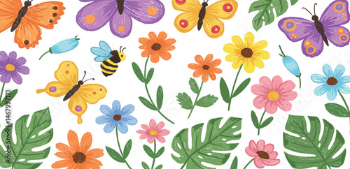 Flower butterfly background. Spring kid crayon drawing. Cute child hand drawn vector art. Chalk or pencil sunny summer bg. Cartoon doodle pastel painting.
