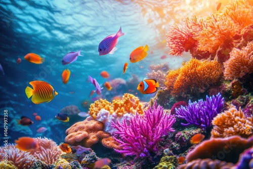 Fototapeta Naklejka Na Ścianę i Meble -  Vibrant coral reef teeming with colorful fish swimming among diverse coral formations under sunlight-filtered waters.