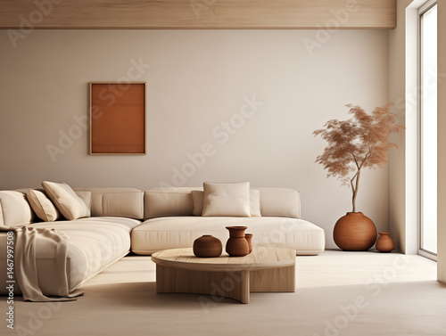 Minimalist japandi and wabi sabi style living room in light neutral tones and natural materials, with pottery decor and terracotta color accents. Japanese style living room. Minimalist interior.