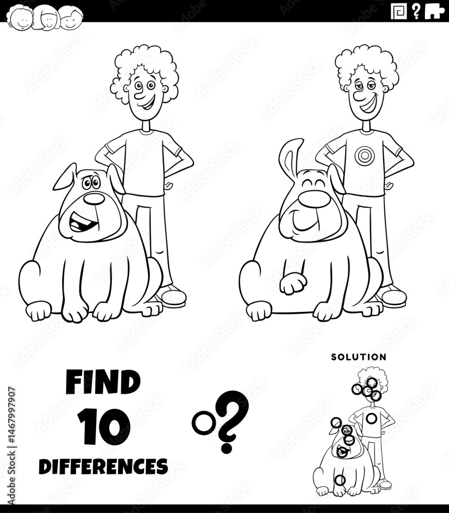 differences puzzle activity with happy cartoon boy and his dog coloring page