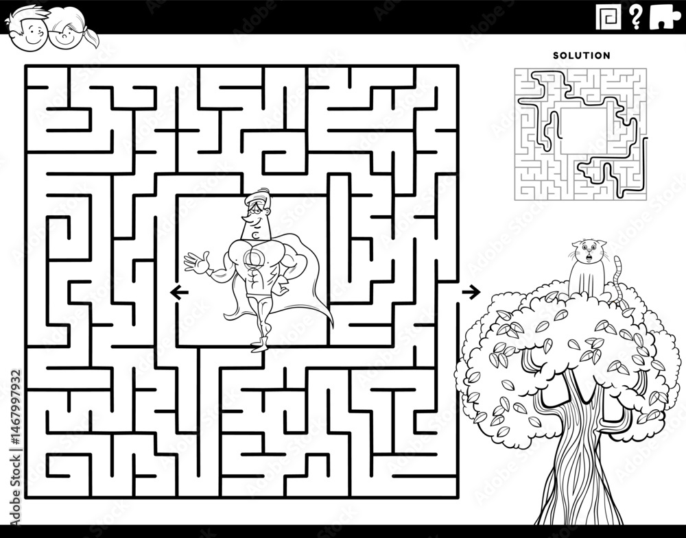 maze with cartoon superhero and kitten on the tree coloring page