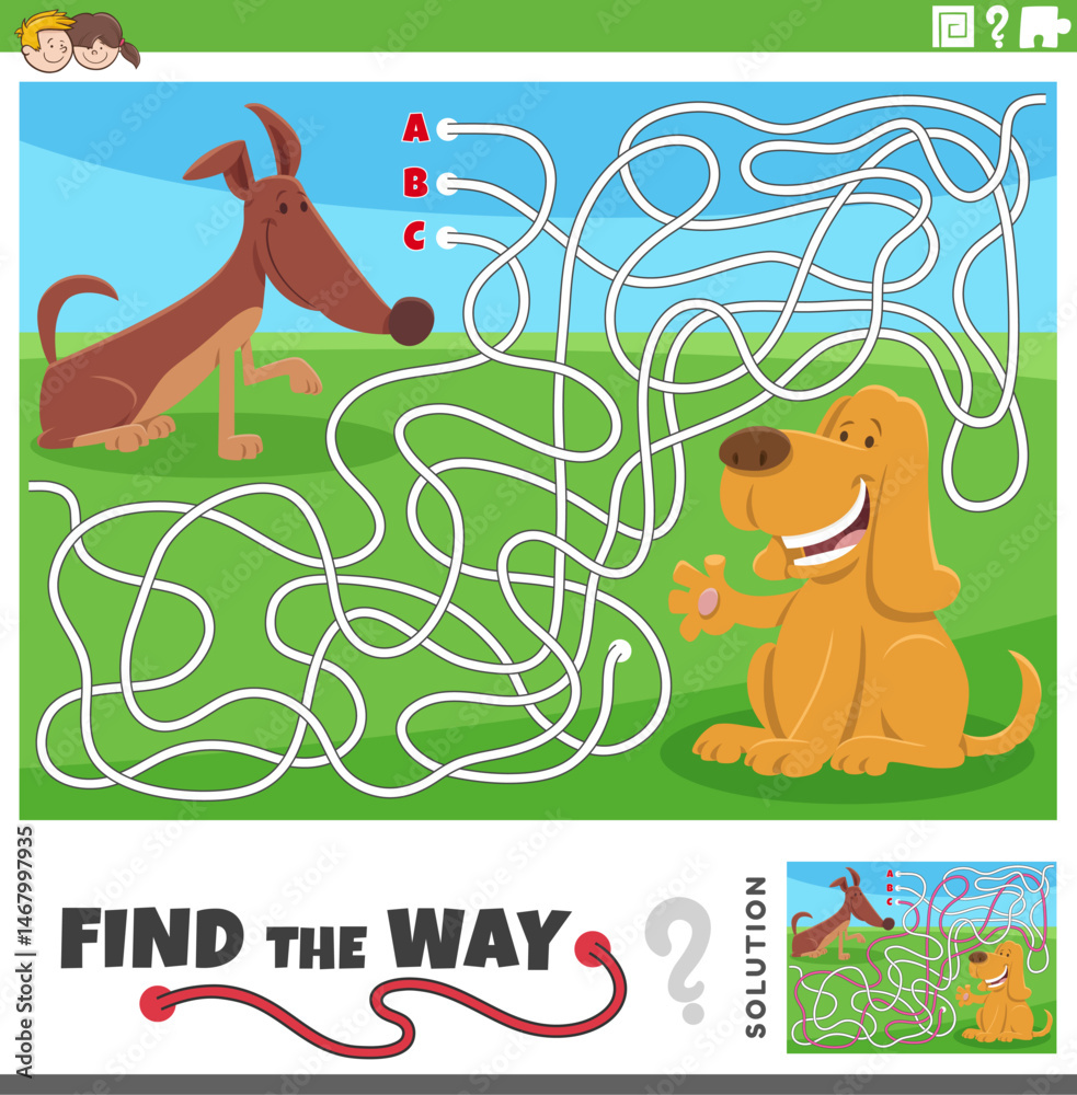 maze activity game with two cartoon dogs animal characters