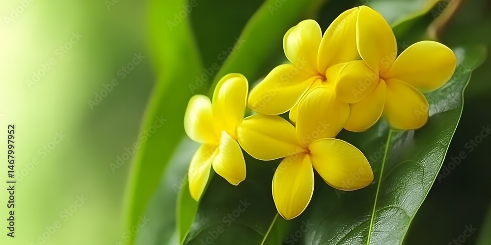 Fototapeta premium Vibrant Yellow Flowers Blooming on Lush Green Leaves