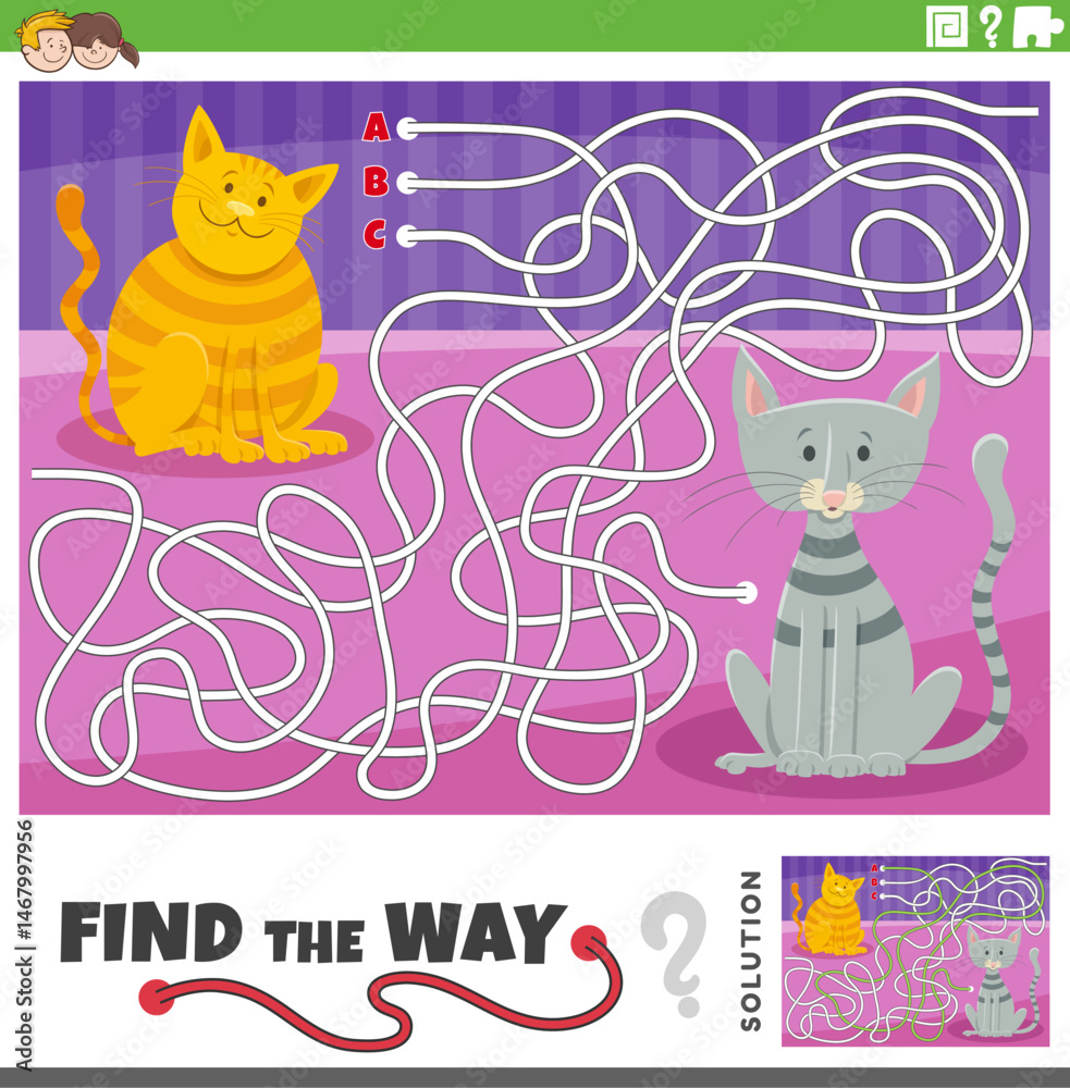 maze activity game with two cartoon cats animal characters