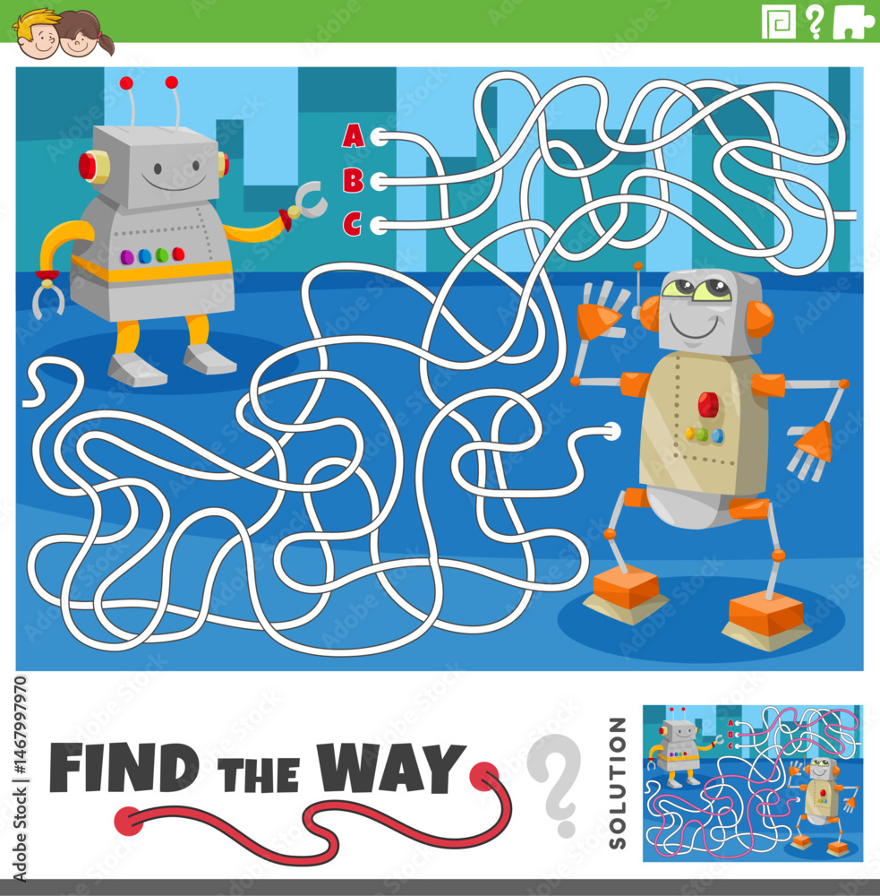 maze activity game with two cartoon robots characters