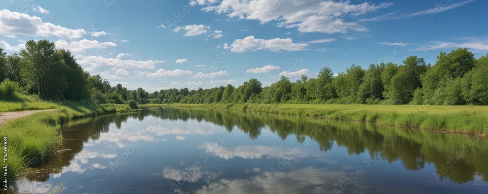 Obraz premium Calm river reflects blue sky, sparse green riverbank, summer day, river, nature, water