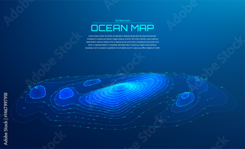 Sea ocean map topography background. Geography digital line mountain terrain contour vector. Abstract 3D wire relief HUD chart design wide plan. Marine navigation geo pattern hologram banner.