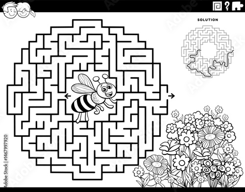 maze puzzle game with cartoon bee and flowers coloring page