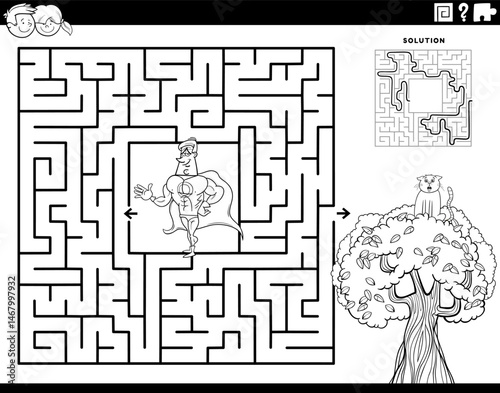 Obraz na płótnie maze with cartoon superhero and kitten on the tree coloring page w salonie