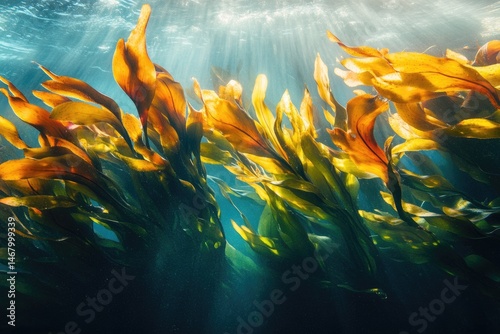 Underwater scene of golden kelp forest illuminated by sunlight, creating an ethereal and vibrant marine ecosystem filled with life.