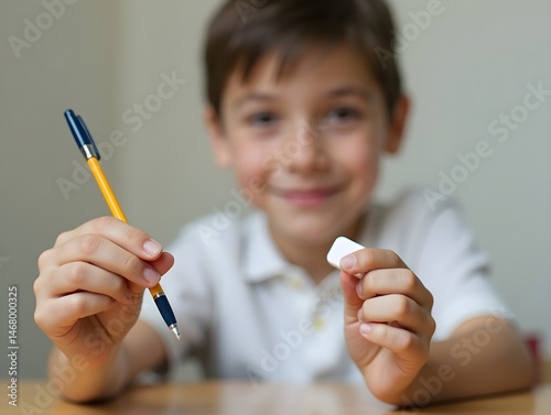 Clean Student with a pen and an eraser symbolizing academic dos and donts with room for text concept as A student holding a pen and an eraser representing academic guidelines for what t photo