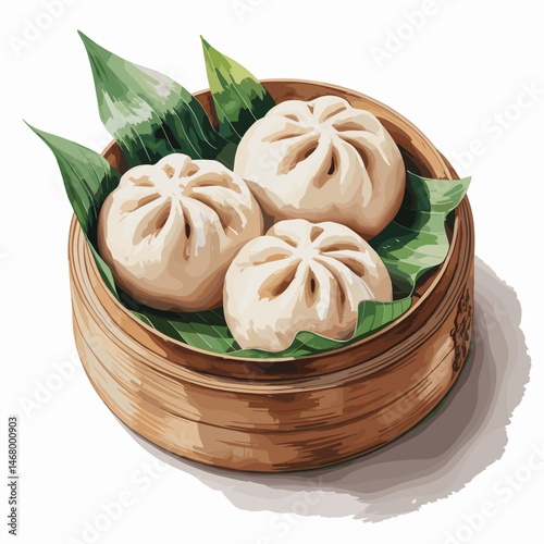 Watercolor Mantou Buns in Bamboo Steamer with Banana Leaves