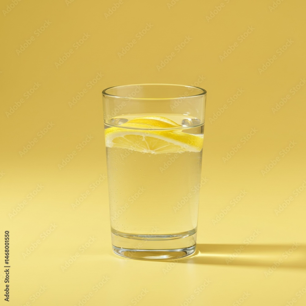 Refreshing Lemon Water in Glass on Yellow Background