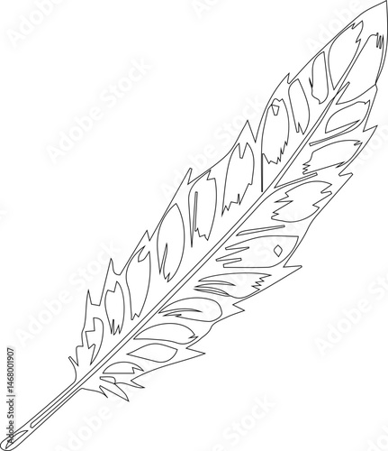Traditional feather illustration with clear black contours and hollow spaces emphasizing a clean graphic structure.