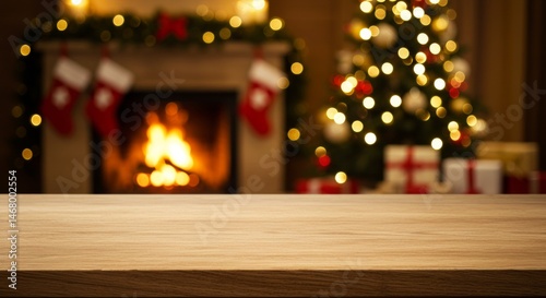 Cozy Christmas fireplace background with wooden table and festive decor