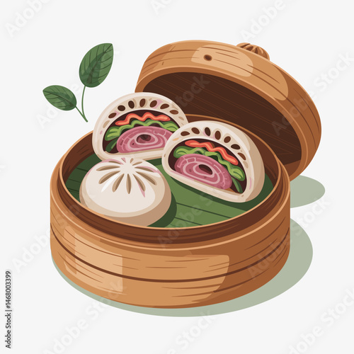 Baozi Steamed Buns with Colorful Vegetable Filling in Bamboo Steamer