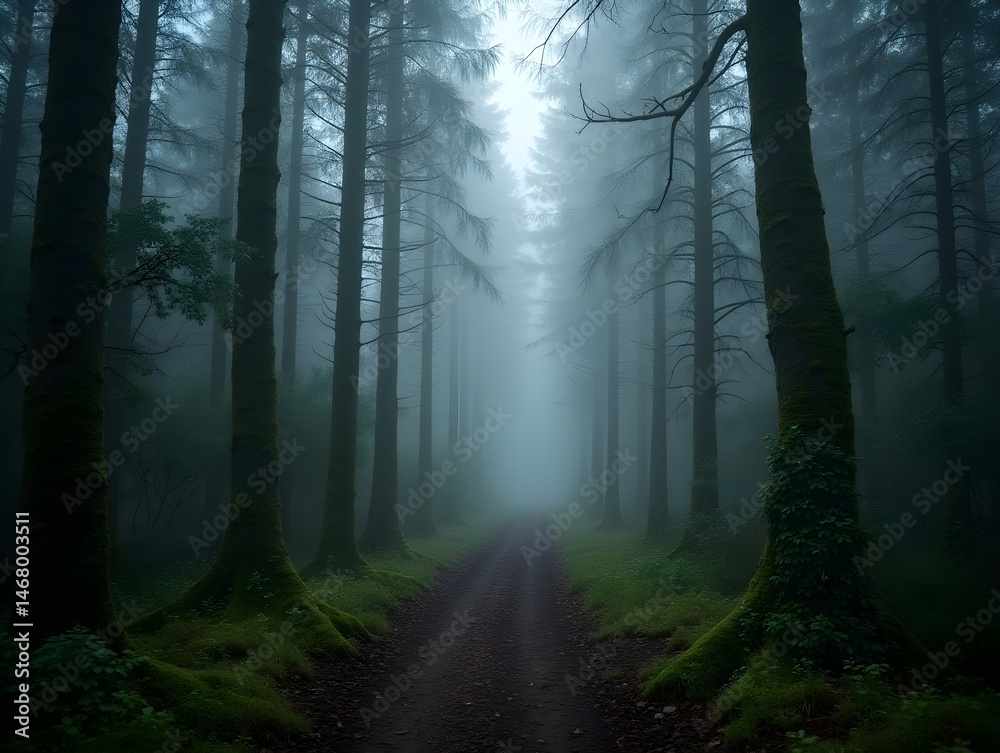 Obraz premium Misty forest path surrounded