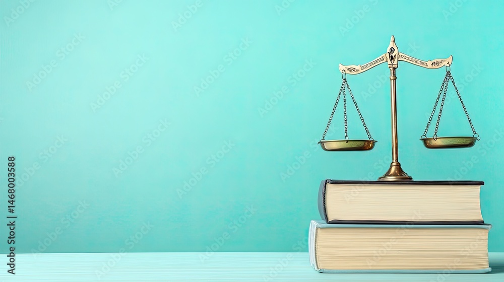 Justice Scales on Books Legal Knowledge with Teal Background, and Law Concept. Justice Scales on Books Legal Knowledge with Teal Background, and Law Concept.