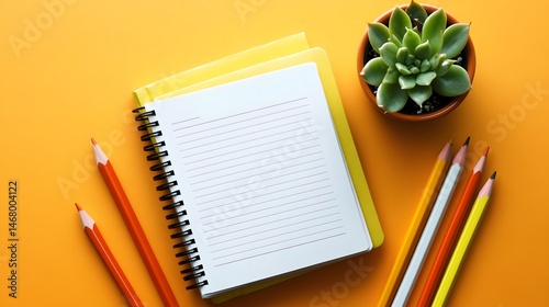 Blank Spiral Notebook Stationery Mockup with Colored Pencils and Succulent