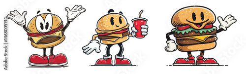 vintage retro style burger cartoon mascot character with expressive faces and gestures