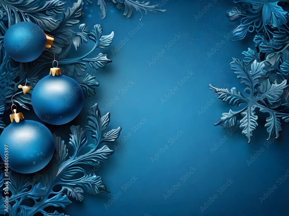 Serene midnight blue Christmas ornaments nestled amongst intricately carved frost leaves on a deep blue backdrop. Serene midnight blue Christmas ornaments nestled amongst intricately carved frost leaves on a deep blue backdrop.