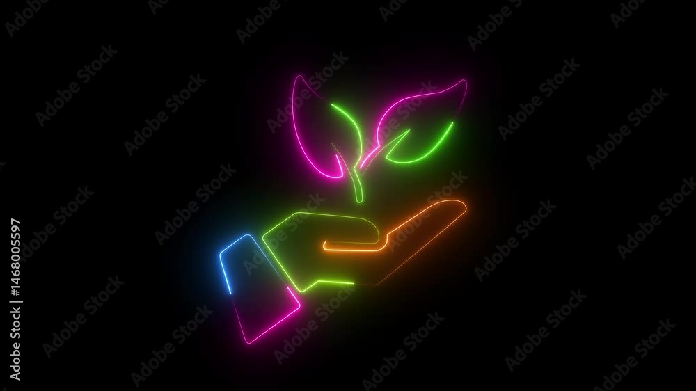 Hand holding tree icon animation of glowing neon , environmental concept, Sustainable icon black background Hand holding tree icon animation of glowing neon , environmental concept, Sustainable icon black background