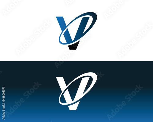 Letter V orbit logo illustration with reflections and blue gradient background for modern brand identity