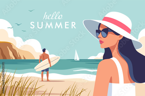 Summer time. Concept of summer party, vacation and travel. Woman in a hat and sunglasses on the beach, a man stands on the shore holding a surfboard of the shore. Vector illustration.