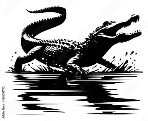 A black and white silhouette of a crocodile splashing in the water on a white isolated background. Vector graphics. EPS.