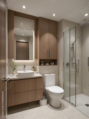 Modern residential bathroom design features washstand toilet shower. Stylish wooden cabinets with mirror. Interior decor with contemporary style, bright lights, fresh design. Home renovation project.