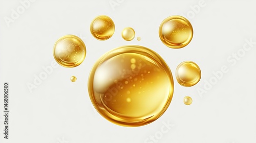 Golden Oil Drops Shiny with HoneyLike Liquid Spheres on White.