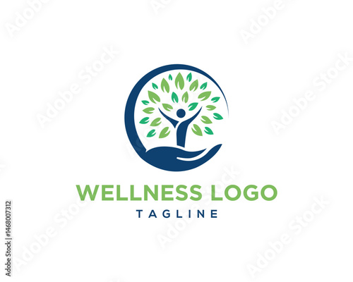Wellness logo featuring hand holding tree with human figure for health and growth